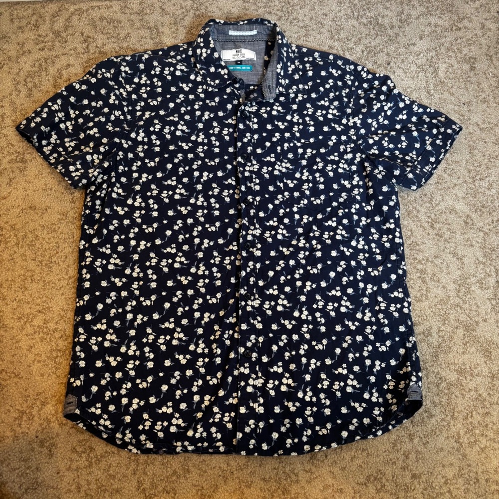 MBX Premium Goods Mens Navy Blue Floral Short Sleeve Button Down Shirt Size M